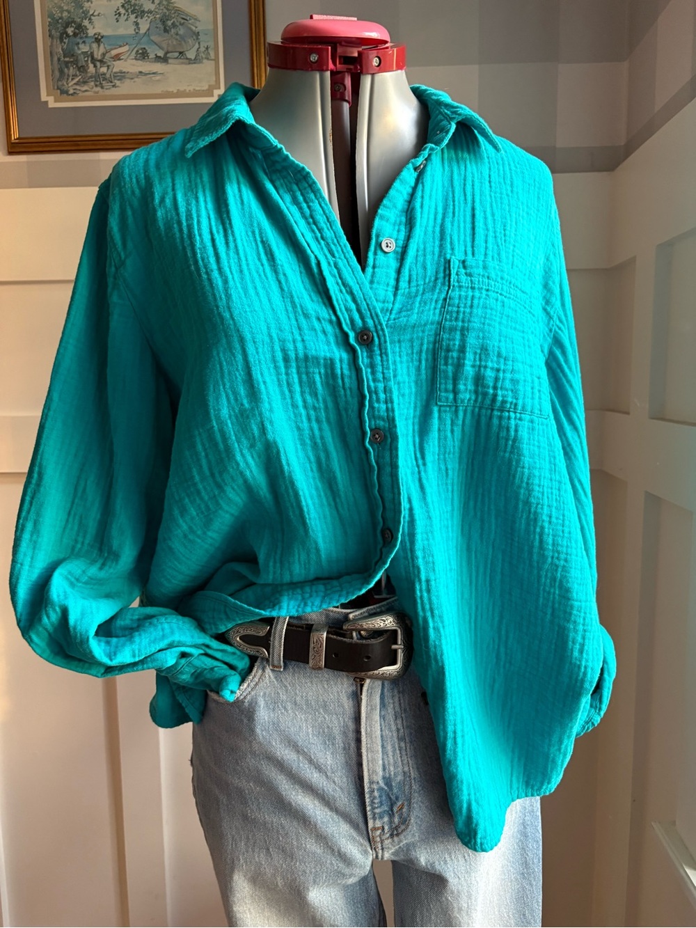 J. Crew 100% Cotton Teal Button-Front Gauze Shirt XL